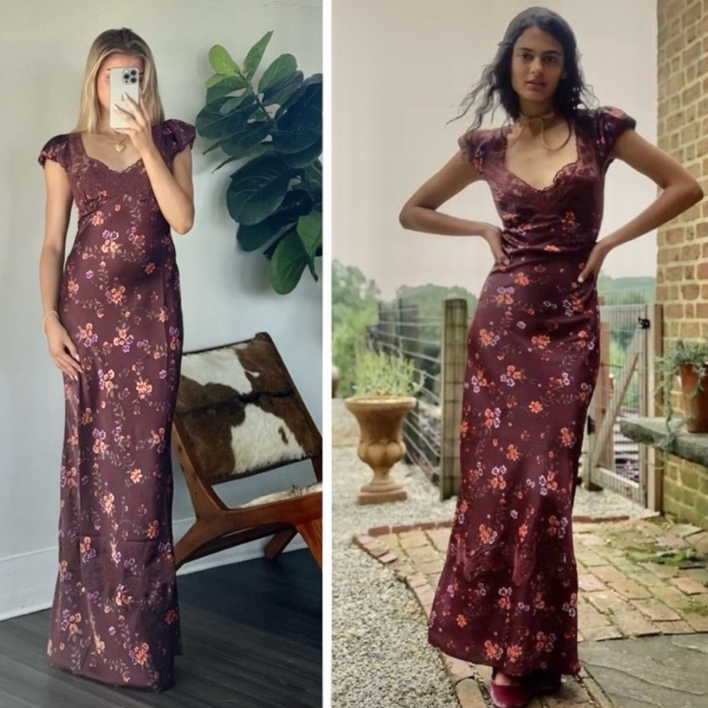 Free People Burgundy Floral Backless Satin Slip Dress - Picture 11 of 16
